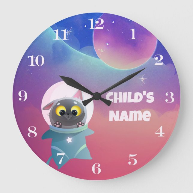 Personalised Kid's Space Cat Wall Clock (Front)