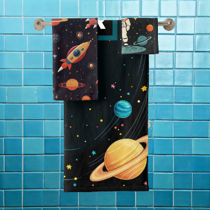 Personalised Kids Space Rocket Ship Planets Bath Towel Set