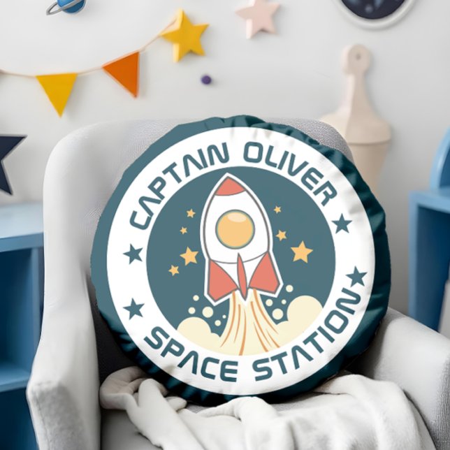 Personalised Kids Space Ship Round Cushion (last Off to Dreamland! Add a touch of cosmic charm to your little astronaut’s room.)