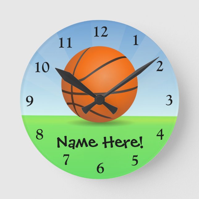 Personalised Kid's Sports Basketball Sunny Day Round Clock (Front)