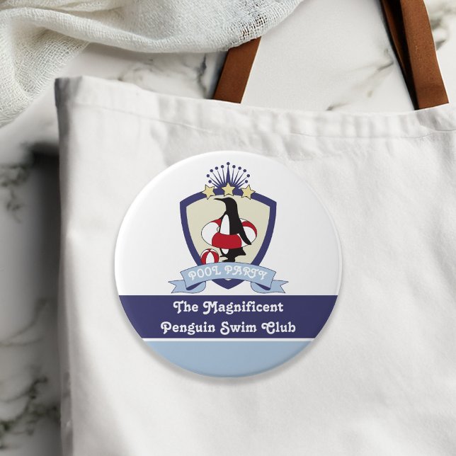 Personalised Kids Swimming Club Crest Cute Penguin 7.5 Cm Round Badge (Creator Uploaded)