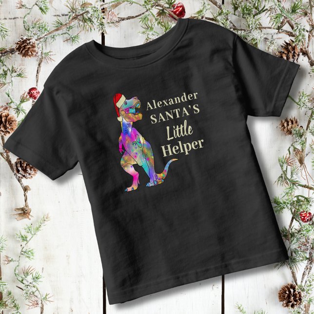 Personalised Kids T-Rex Dinosaur Christmas Toddler T-Shirt (Personalized Kids Name christmas dinosaur T-Shirt Funny festive quote Santas little helper)
