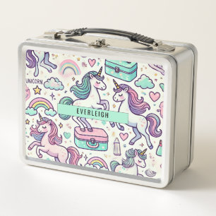 Personalised Kid's Unicorn And Rainbows Metal Lunch Box