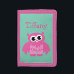 Personalised kids wallet with cute girly pink owl<br><div class="desc">Personalised kids wallet with cute girly pink owl cartoon. Cute Birthday or Christmas gift idea for little girls. Personalizable with name or monogram letter of your child. Make one for your grandchild,  daughter,  granddaughter etc. Animal cartoon design. Mint green and pink colours.</div>