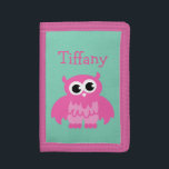 Personalised kids wallet with cute girly pink owl<br><div class="desc">Personalised kids wallet with cute girly pink owl cartoon. Cute Birthday or Christmas gift idea for little girls. Personalizable with name or monogram letter of your child. Make one for your grandchild,  daughter,  granddaughter etc. Animal cartoon design. Mint green and pink colours.</div>