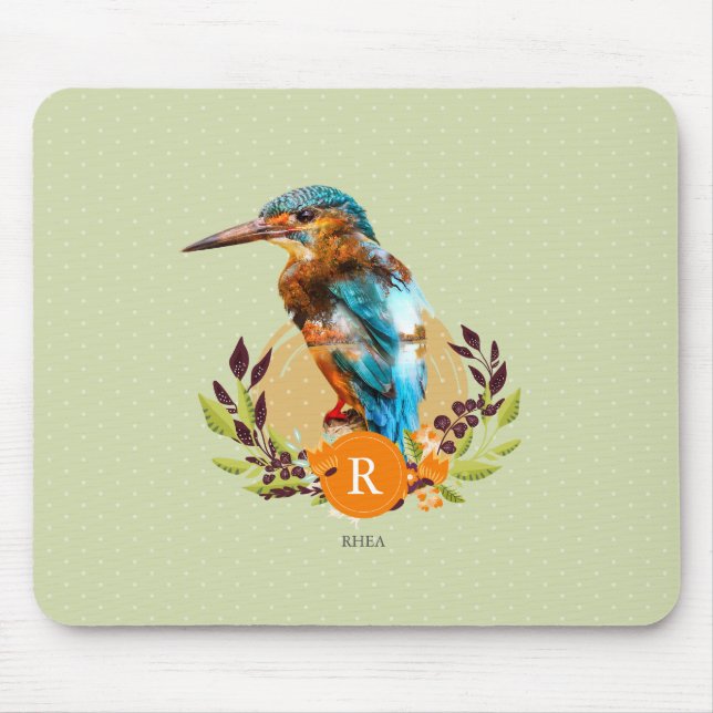Personalised Kingfisher and Floral Design. Mouse Pad (Front)