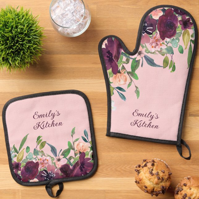 Personalised Kitchen Burgundy Pink Floral Oven Mitt & Pot Holder Set (Personalized Name Kitchen Burgundy & Blush Pink Floral Oven Mitt Set)