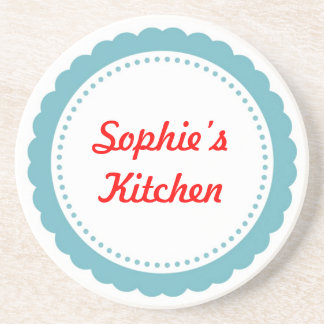 Personalised kitchen coaster pale blue scallop