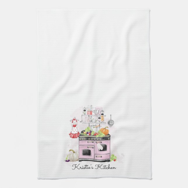 Personalised Kitchen Pink Stove Tea Towel (Vertical)
