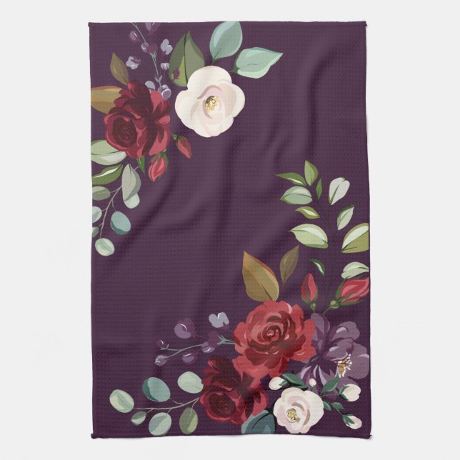 Personalised Kitchen Towel Plum Purple Roses Gold (Vertical)