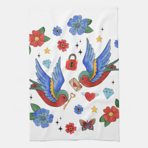 Personalised Kitchen Towel Traditional Bird Tattoo