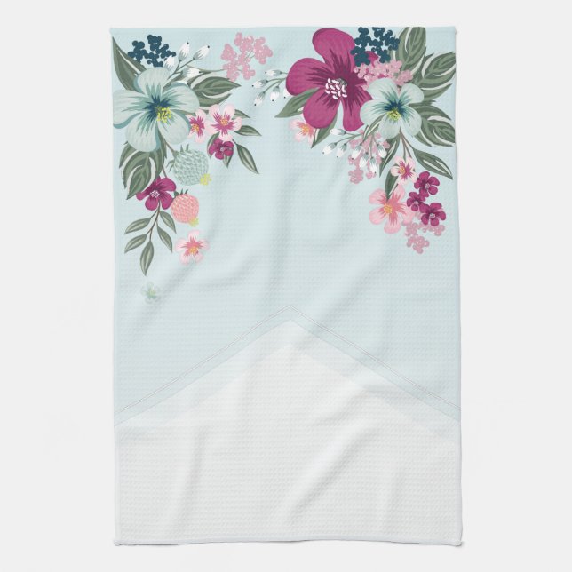 Personalised Kitchen Towel Tropical Flower on Blue (Vertical)