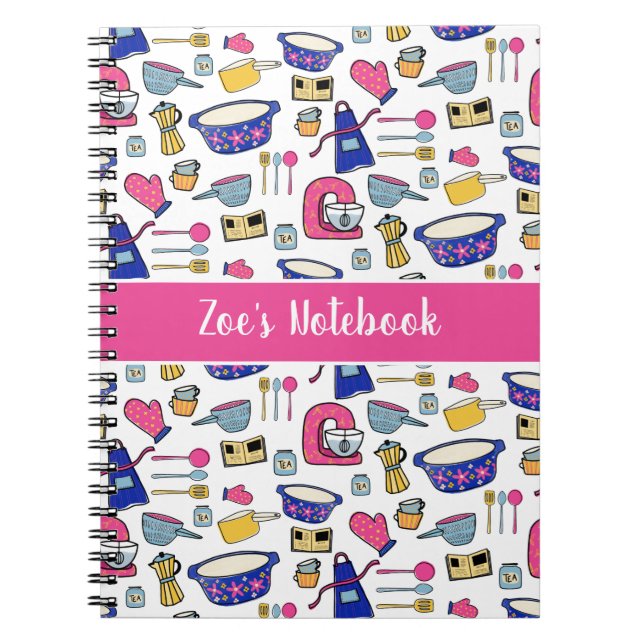 Personalised Kitchen Utensils Pattern Name Notebook (Front)