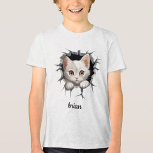 Personalised kitten peeking out of faux hole Tri-Blend shirt