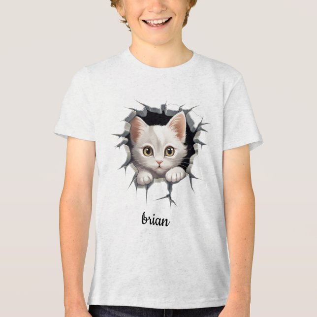 Personalised kitten peeking out of faux hole Tri-Blend shirt (Front)