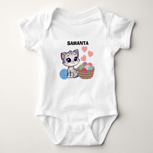  Personalised Kitten & Yarn Baby Bodysuit (Front)