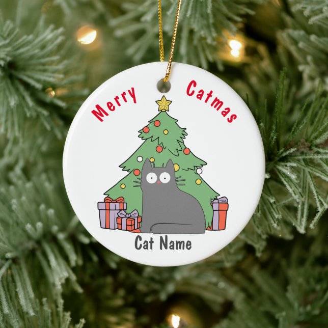 Personalised Kitty Cat Christmas grey cat Ceramic Tree Decoration (Tree)