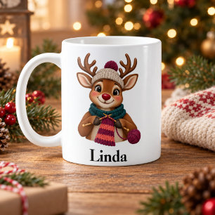 Personalised Knitter Christmas Mug Cute Reindeer