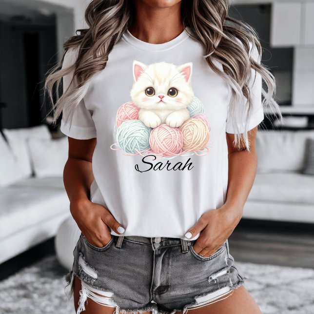 Personalised Knitting Kitten T-shirt (Cute knitting kitten design)
