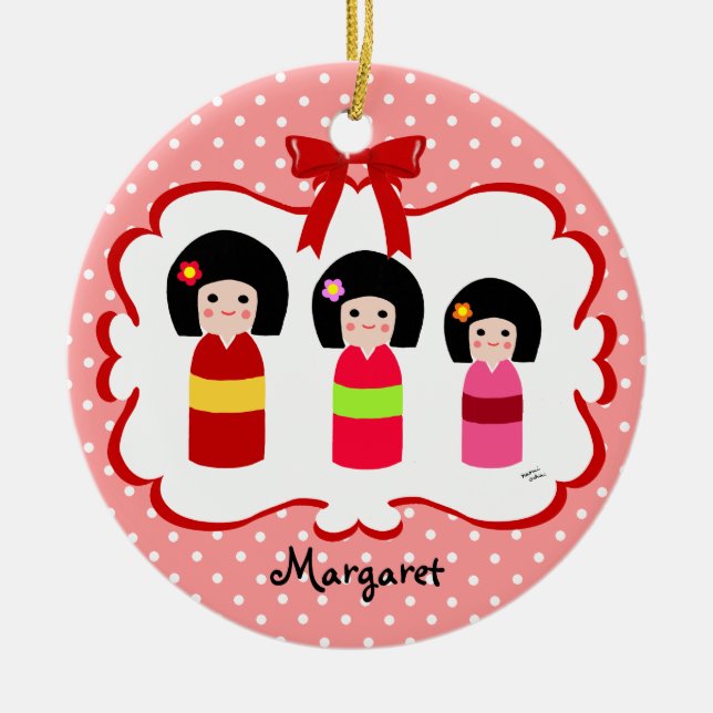 Personalised Kokeshi Sisters Polka Dot Ceramic Tree Decoration (Front)