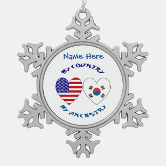 Personalised Korea USA Heart Heritage Snowflake Pewter Christmas Ornament