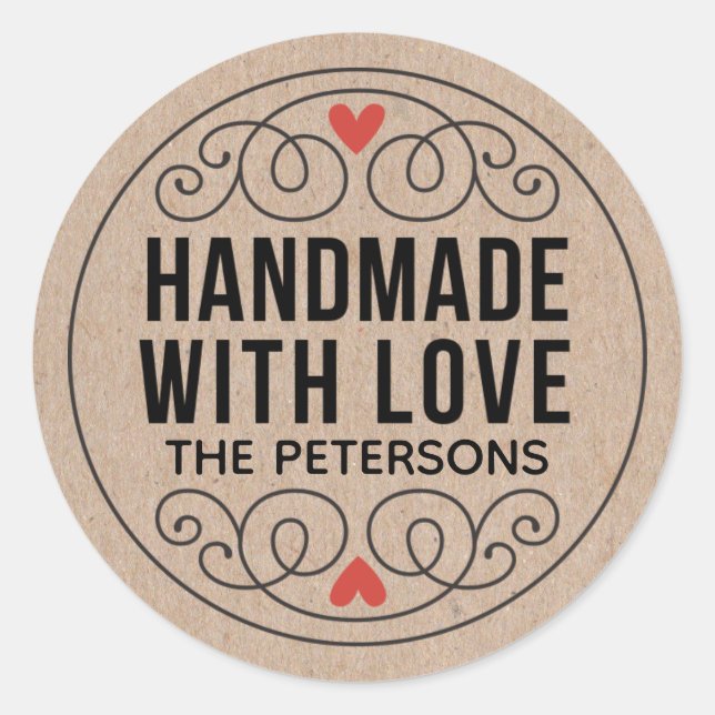 Personalised Kraft Handmade With Love Classic Round Sticker (Front)