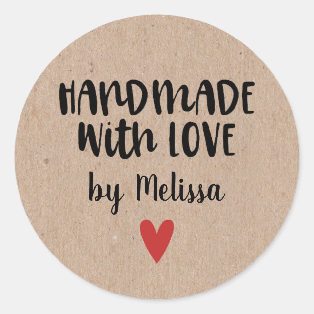 Personalised Kraft Handmade With Love Square Stick Classic Round Sticker (Front)