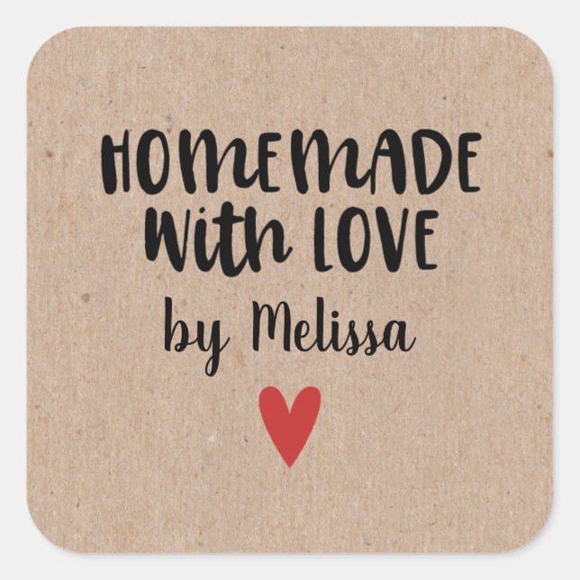 Personalised Kraft Homemade With Love Square Stick Square Sticker (Front)
