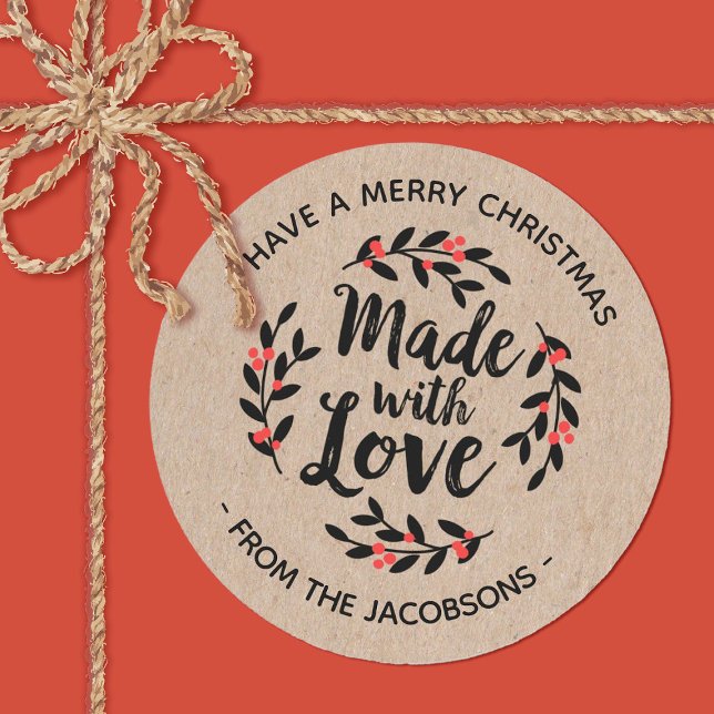 Personalised Kraft Made With Love Christmas Label (A cute Christmas berry made with love sticker. Fun for embellishing holiday gifts.)