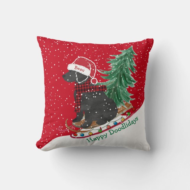 Personalised Labradoodle Christmas Snow Sled Cushion (Front)