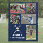 Personalised Lacrosse 5 Photo Collage Name Team # Fleece Blanket<br><div class="desc">This personalised custom lacrosse fleece blanket features your 5 photos, lacrosse player's name, jersey number and team name. Personalise with action shots, a team photo, field photo, etc. Easily change the background colour to match the team's colours - just click customise and then the small eye dropper. The perfect photo...</div>
