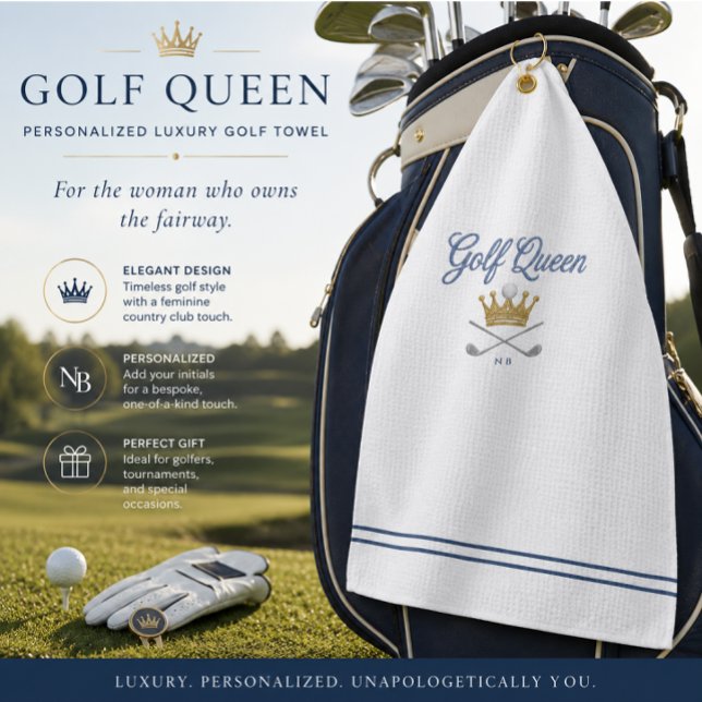 Personalised Ladies Golf Towel | Golf Queen Gift (Luxury personalized golf towel with elegant country club styling for stylish women golfers.)