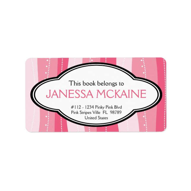 Personalised Ladies Pink Wavy Stripes Book Plate Label (Front)