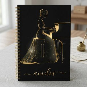 Personalised Lady Grand Piano Artistic Black Gold Notebook