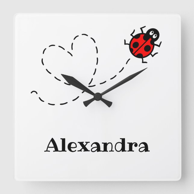 Personalised Ladybird Pattern Square Wall Clock (Front)