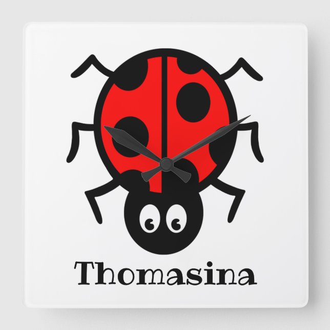 Personalised Ladybird Pattern Square Wall Clock (Front)