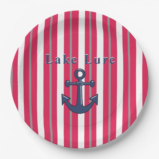 Personalised Lake or Beach Red White Round Paper Plate (Front)