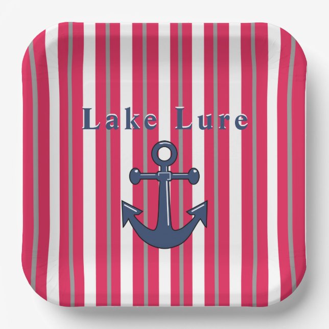 Personalised Lake or Beach Red White Striped Paper Plate (Front)