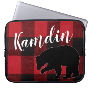 Personalised Laptop Case Red Buffalo Plaid Bear
