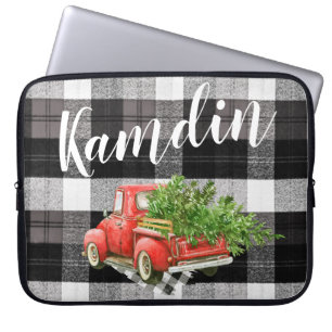 Personalised Laptop Case XMAS Truck Buffalo Plaid