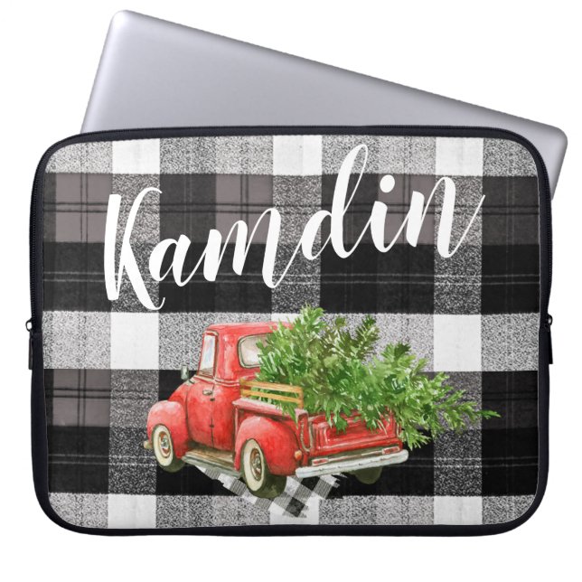 Personalised Laptop Case XMAS Truck Buffalo Plaid (Front)