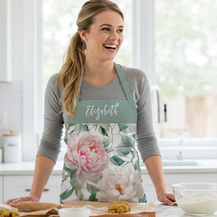 Personalised Large Floral Pattern Pink White Green Apron