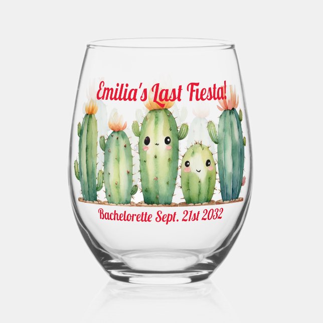 Personalised Last FIESTA Bachelorette CACTI  Stemless Wine Glass (Front)