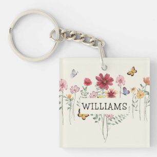 Personalised Last Name Floral Key Ring