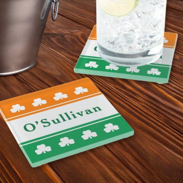 Personalised Last Name Ireland Flag Colours Glass Coaster (Creator Uploaded)