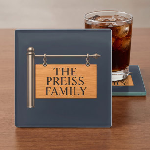 Personalised Last Name Wooden Hanging Sign Glass Coaster