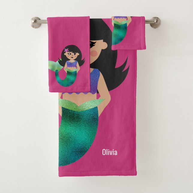 Personalised Latina Faux Foil Black Hair Mermaid Bath Towel Set (Insitu)