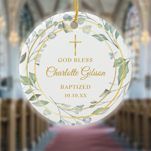 Personalised Laurel Garland Gold Boy Girl Baptism Ceramic Tree Decoration