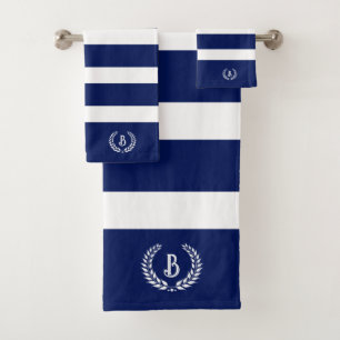 Personalised Laurel Wreath Blue & White Stripes Bath Towel Set