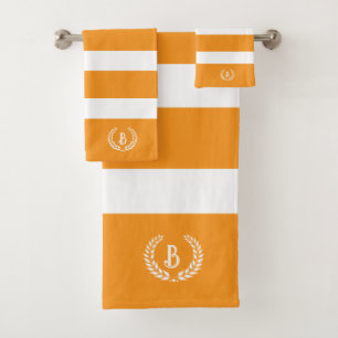 Personalised Laurel Wreath Orange & White Stripes Bath Towel Set